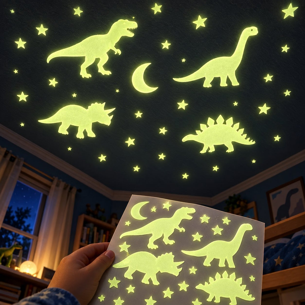 Glow in the dark dinosaur stickers on a ceiling