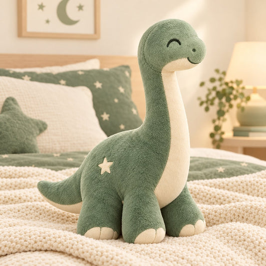 Sage green brachiosaurus plush on a bed