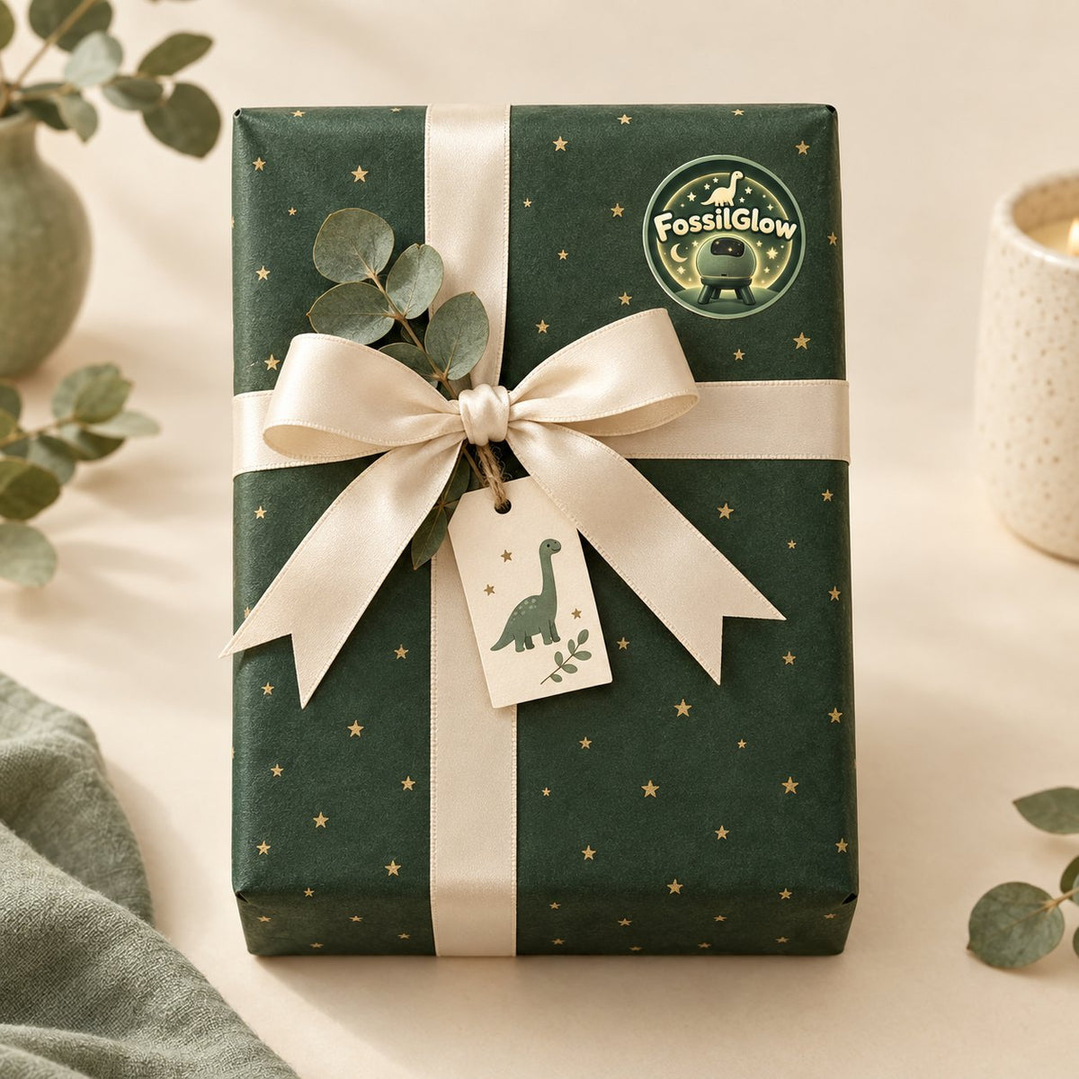 Gift-wrapped FossilGlow box with a cream bow
