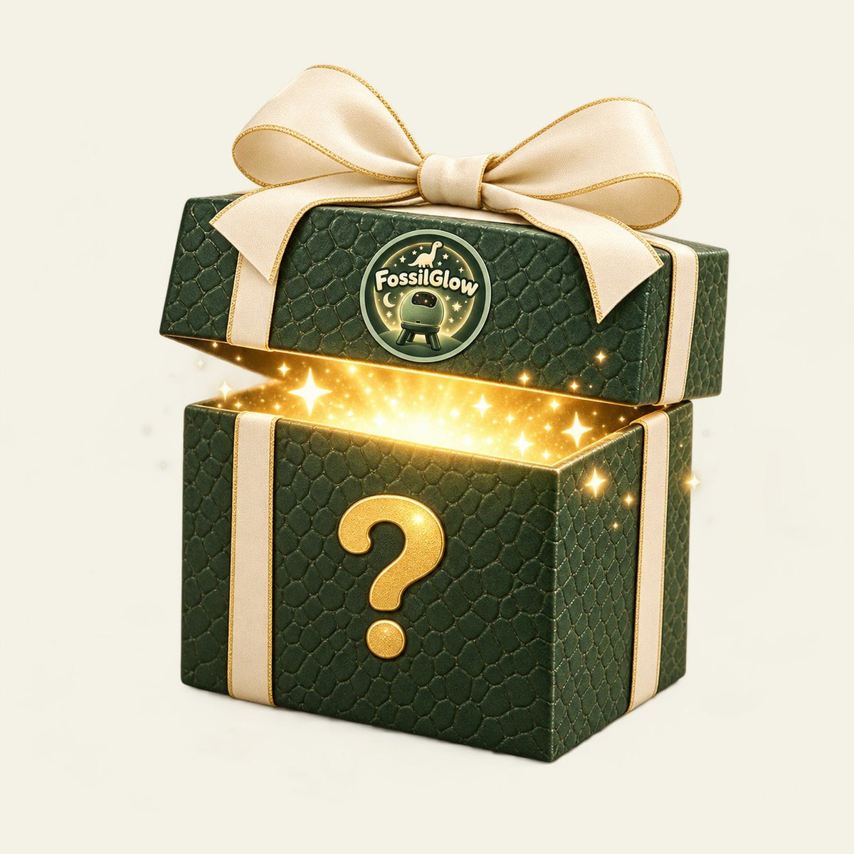 Green mystery gift box with a glowing question mark