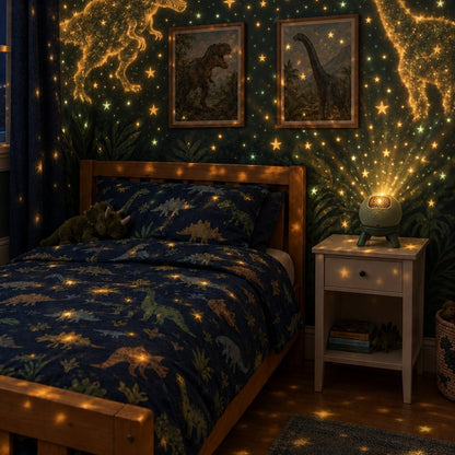 Kids bedroom filled with stars and dinosaurs from the FossilGlow projector