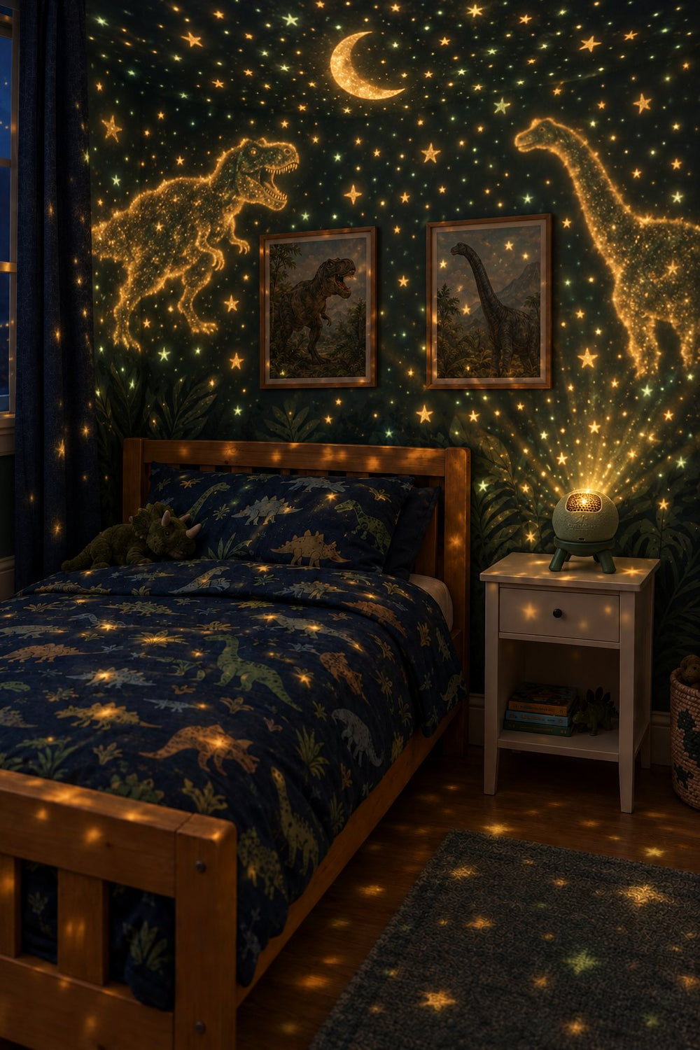 Kids bedroom filled with stars and dinosaurs from the FossilGlow projector