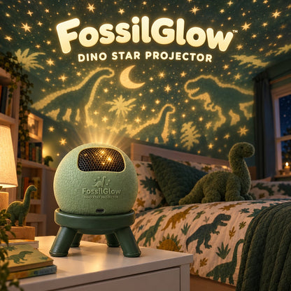 FossilGlow Dino Star Projector glowing in a kids bedroom