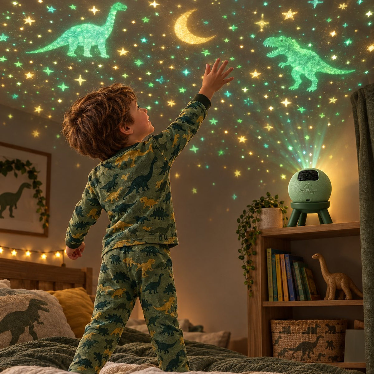 Child reaching for projected dinosaurs and stars