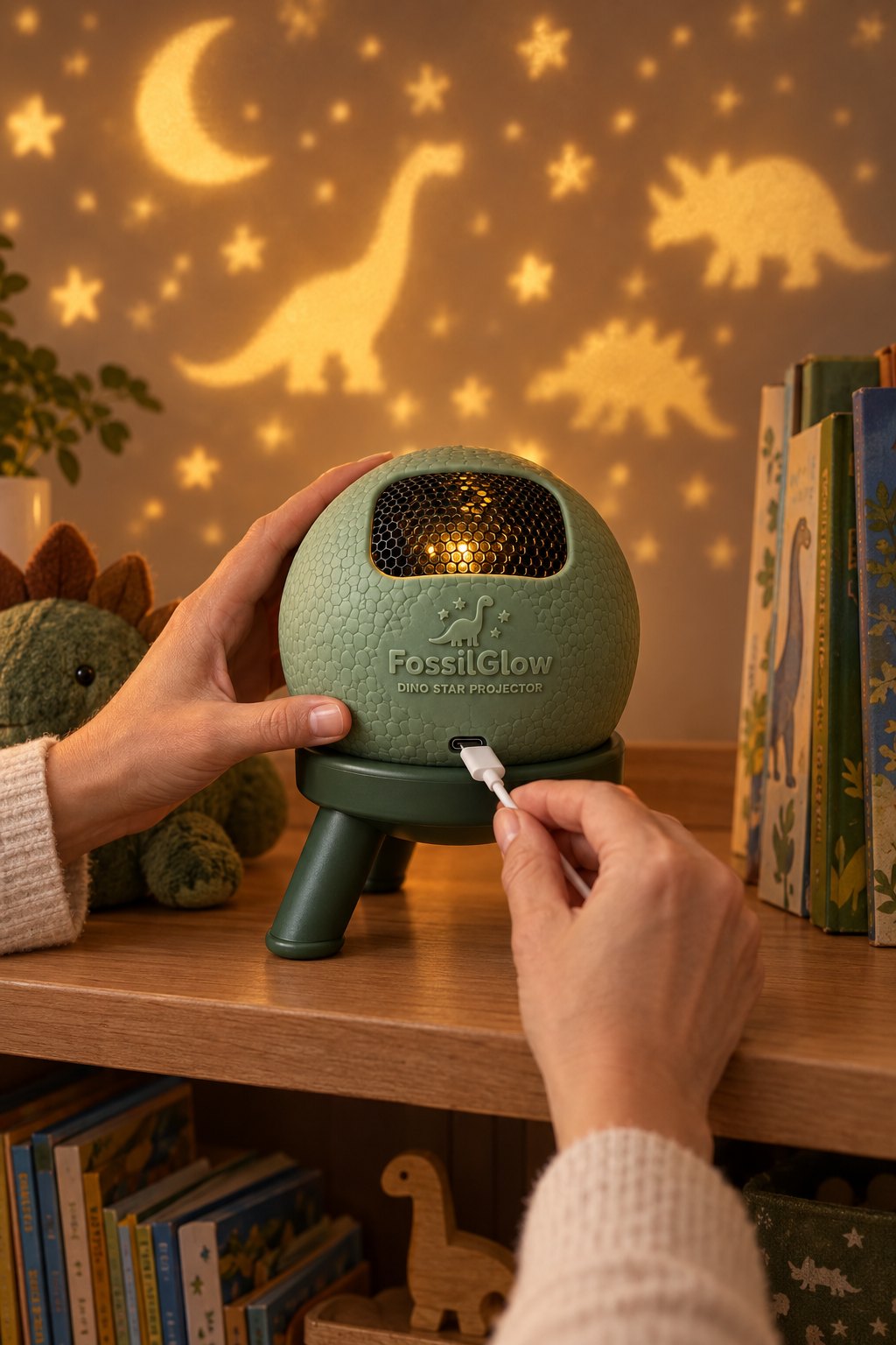 Plugging in the FossilGlow projector with USB-C